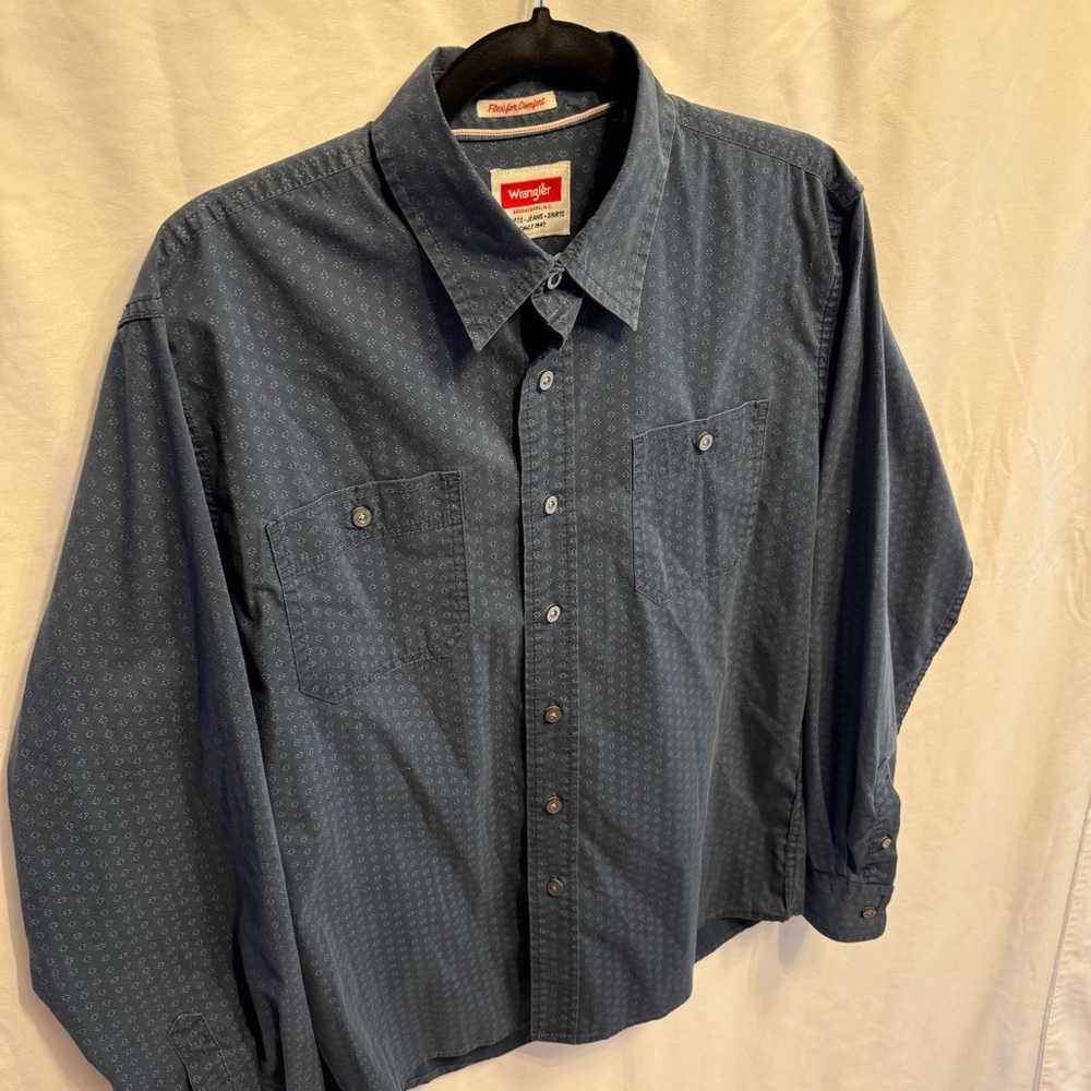 Wrangler Flex for Comfort Cotton M Long Sleeve Button Front Shirt Microprint - Picture 3 of 13